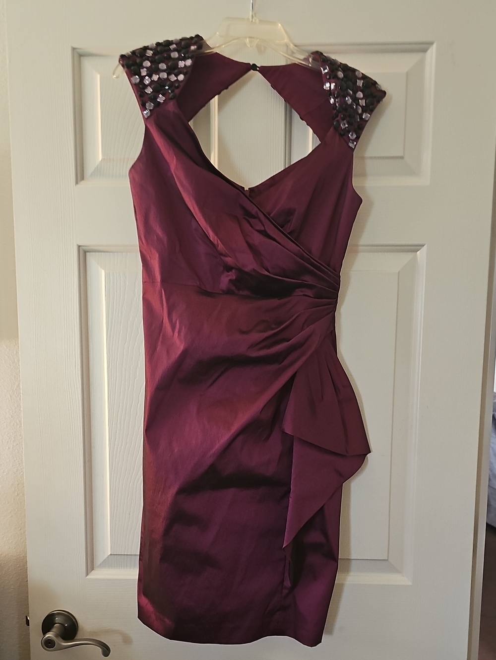 Maggy London Plum Midi Dress with Sequin-Embellished Shoulders